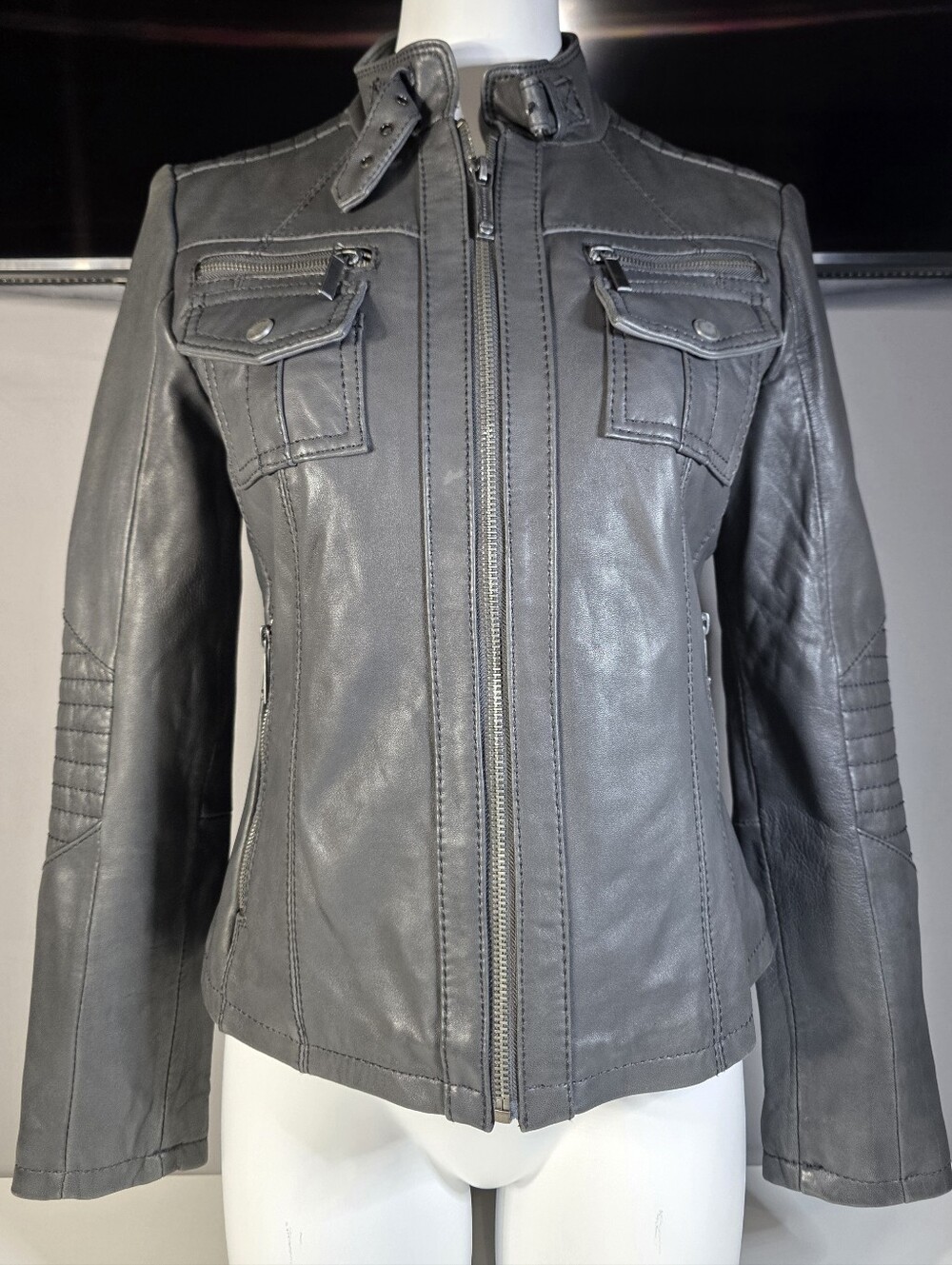 Michael Kors women's grey leather moto jacket Size Medium